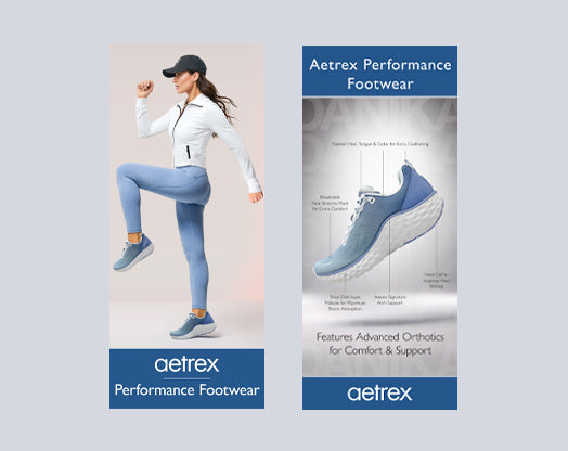 Aetrex Performance Footwear advertisement with a woman running and a close-up of a shoe.